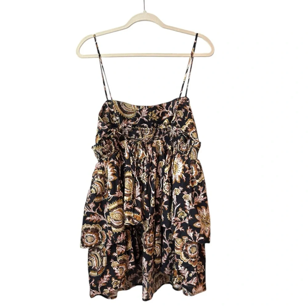 Celandine Anthropologie Dark Floral Straight-Neck Tiered Ruffle Mini Dress Large
